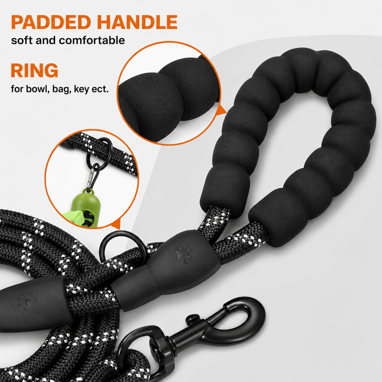 ARVELLO Reflective Dog Rope Leash with Padded Handle, Poop Bag Holder & Waste Bag Roll, Heavy Duty Braided Training Leash for Small Medium Large Dogs