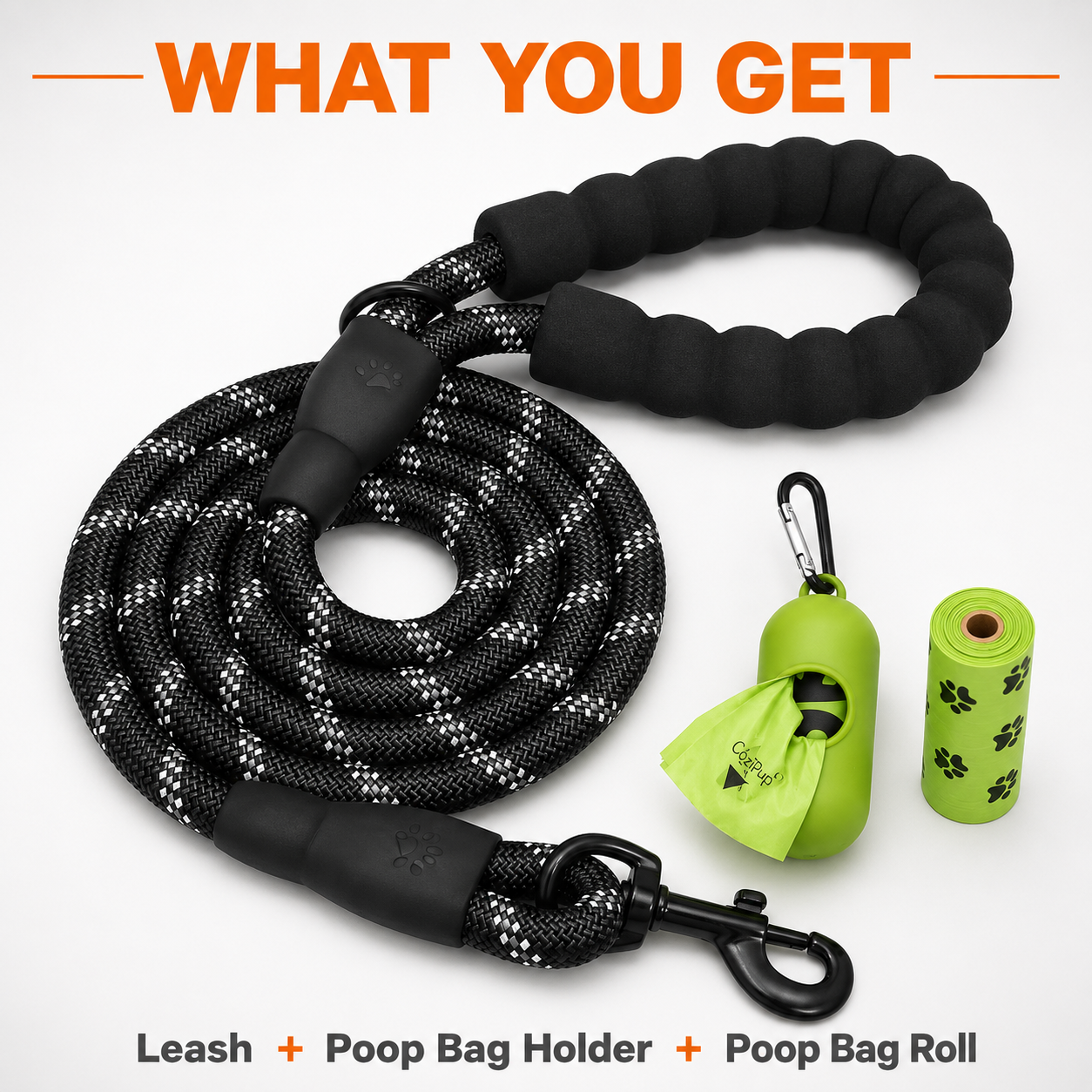 ARVELLO Reflective Dog Rope Leash with Padded Handle, Poop Bag Holder & Waste Bag Roll, Heavy Duty Braided Training Leash for Small Medium Large Dogs