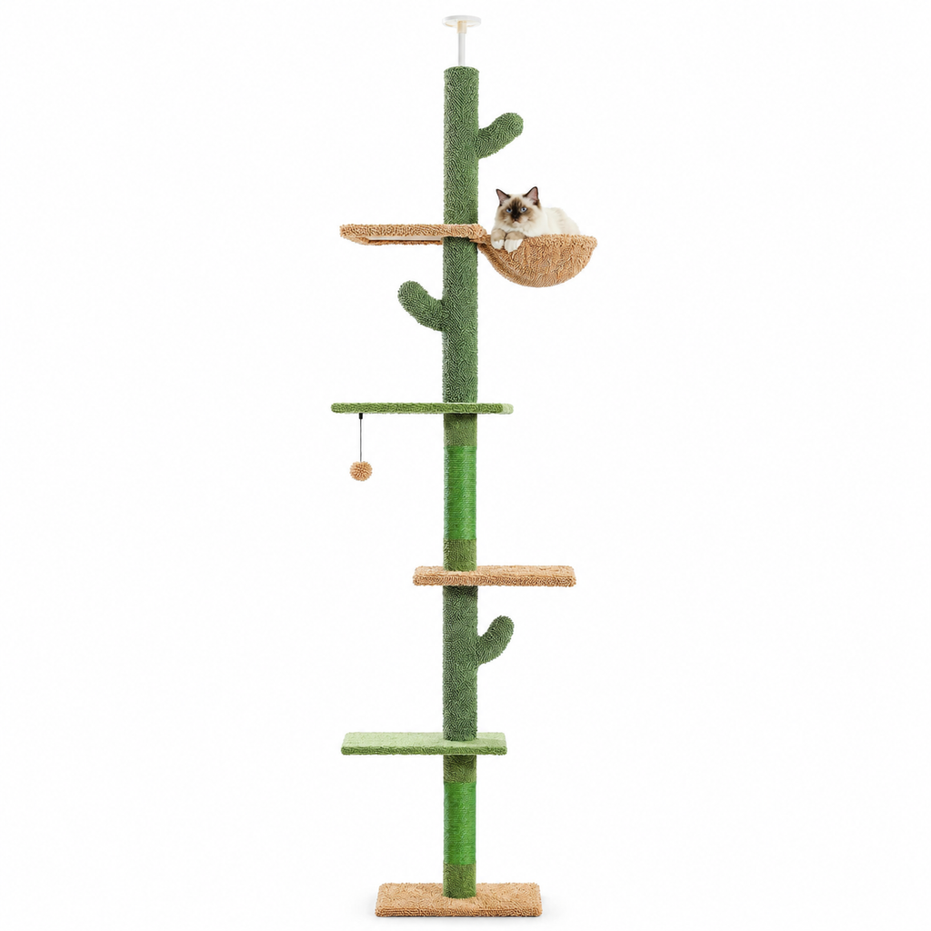 Cat Tree 5-Tier Floor to Ceiling Cat Tower Cactus Tall Climbing Tree with Scratching Post Hammock Dangling Ball for Indoor Cats