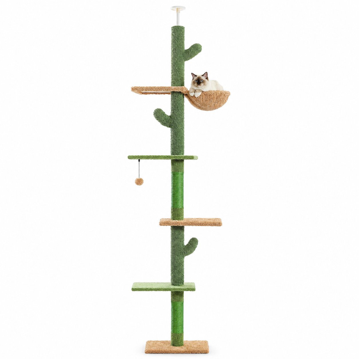 Cat Tree 5-Tier Floor to Ceiling Cat Tower Cactus Tall Climbing Tree with Scratching Post Hammock Dangling Ball for Indoor Cats