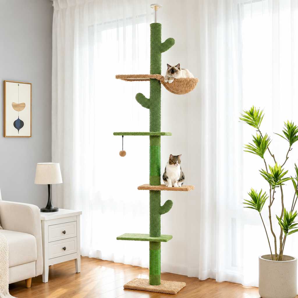 Cat Tree 5-Tier Floor to Ceiling Cat Tower Cactus Tall Climbing Tree with Scratching Post Hammock Dangling Ball for Indoor Cats