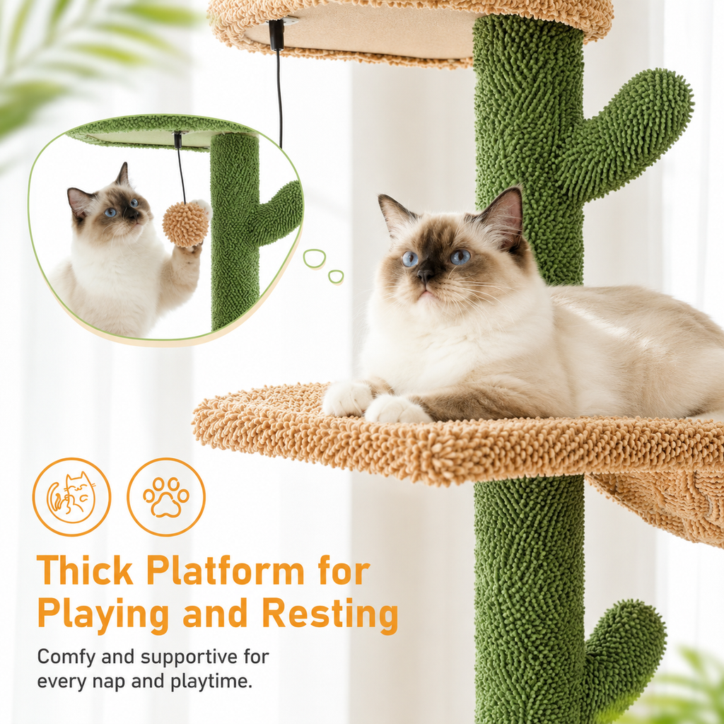 Cat Tree 5-Tier Floor to Ceiling Cat Tower Cactus Tall Climbing Tree with Scratching Post Hammock Dangling Ball for Indoor Cats