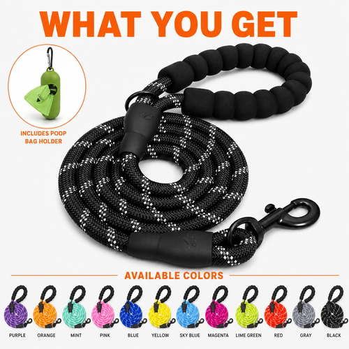 ARVELLO Reflective Dog Rope Leash with Padded Handle, Poop Bag Holder & Waste Bag Roll, Heavy Duty Braided Training Leash for Small Medium Large Dogs