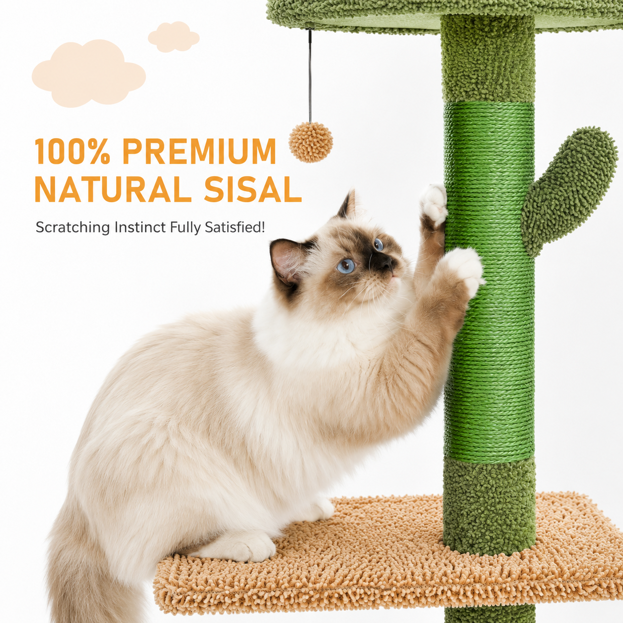 Cat Tree 5-Tier Floor to Ceiling Cat Tower Cactus Tall Climbing Tree with Scratching Post Hammock Dangling Ball for Indoor Cats