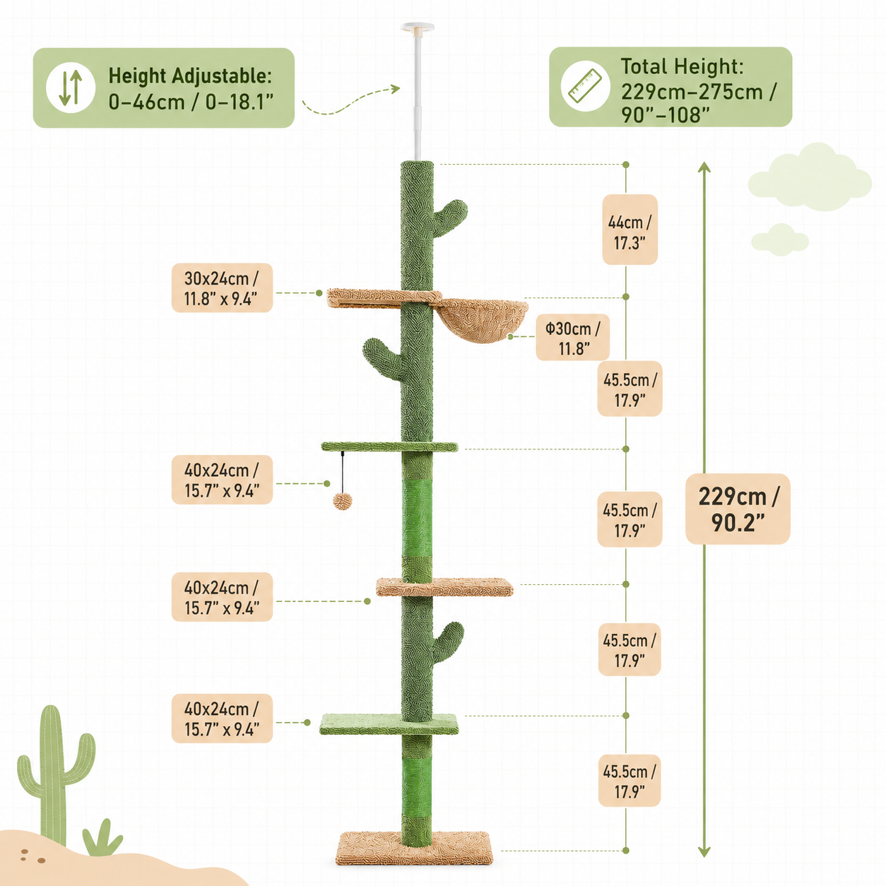Cat Tree 5-Tier Floor to Ceiling Cat Tower Cactus Tall Climbing Tree with Scratching Post Hammock Dangling Ball for Indoor Cats