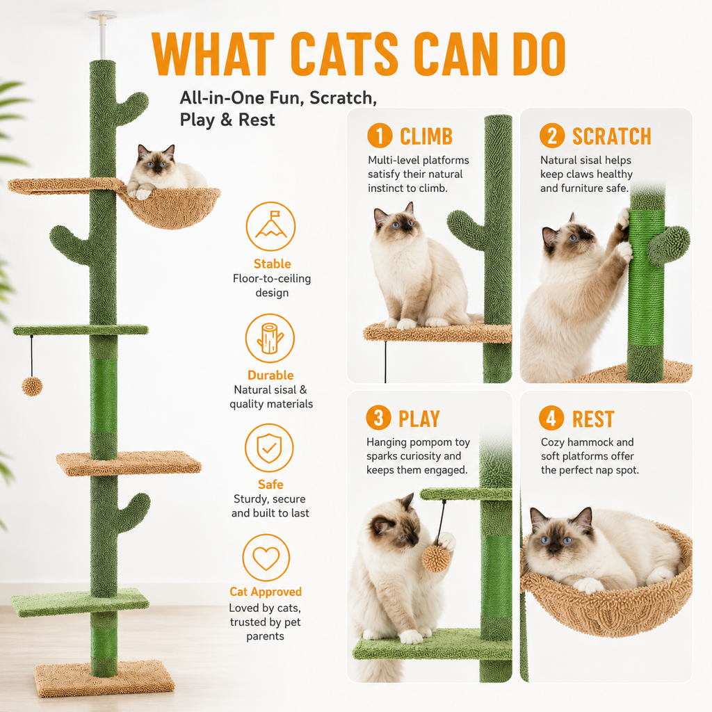Cat Tree 5-Tier Floor to Ceiling Cat Tower Cactus Tall Climbing Tree with Scratching Post Hammock Dangling Ball for Indoor Cats
