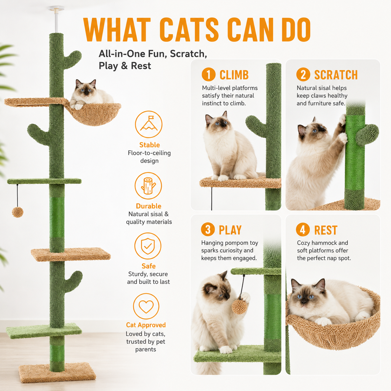Cat Tree 5-Tier Floor to Ceiling Cat Tower Cactus Tall Climbing Tree with Scratching Post Hammock Dangling Ball for Indoor Cats